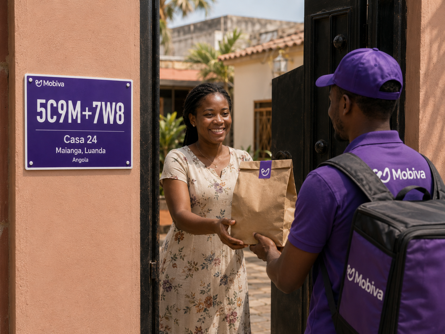 Entregador a entregar uma encomenda numa porta com placard MoBiva